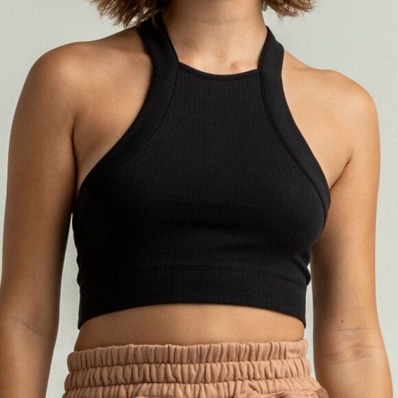 FREE PEOPLE Catch Up Brami crop top in black ribbbed Size Small - Picture 2 of 5